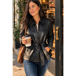 Colebrook Medium Leather Jacket Tie Waist Zip Front Black Belted Coat Classic